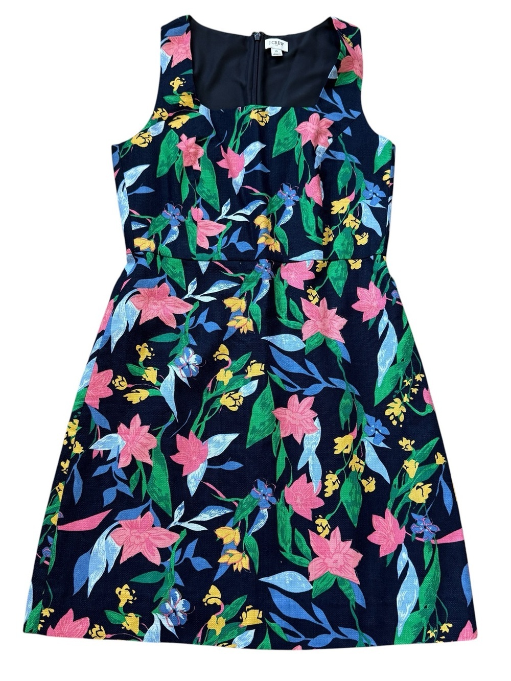 J.Crew Floral Fit & Flare Dress Navy Pink Botanical Cotton Sleeveless 6 Summer